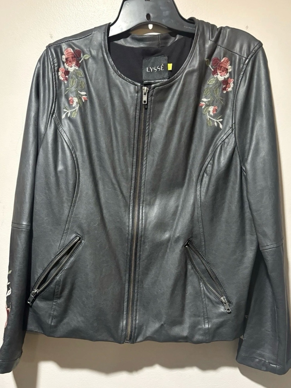 Lysse Black Faux Leather Zip Jacket with Rose Embroidery